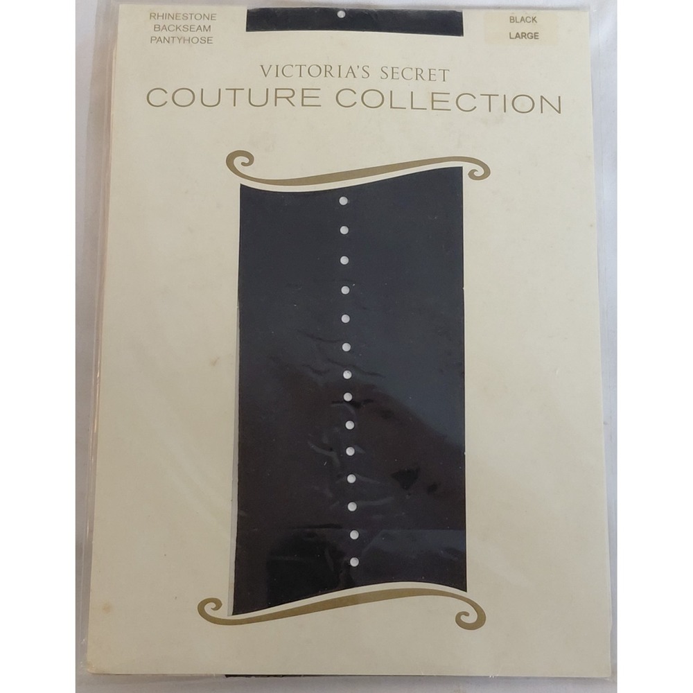 Vtg Victoria's Secret Couture Collection Rhinestone Backseam Pantyhose Black L